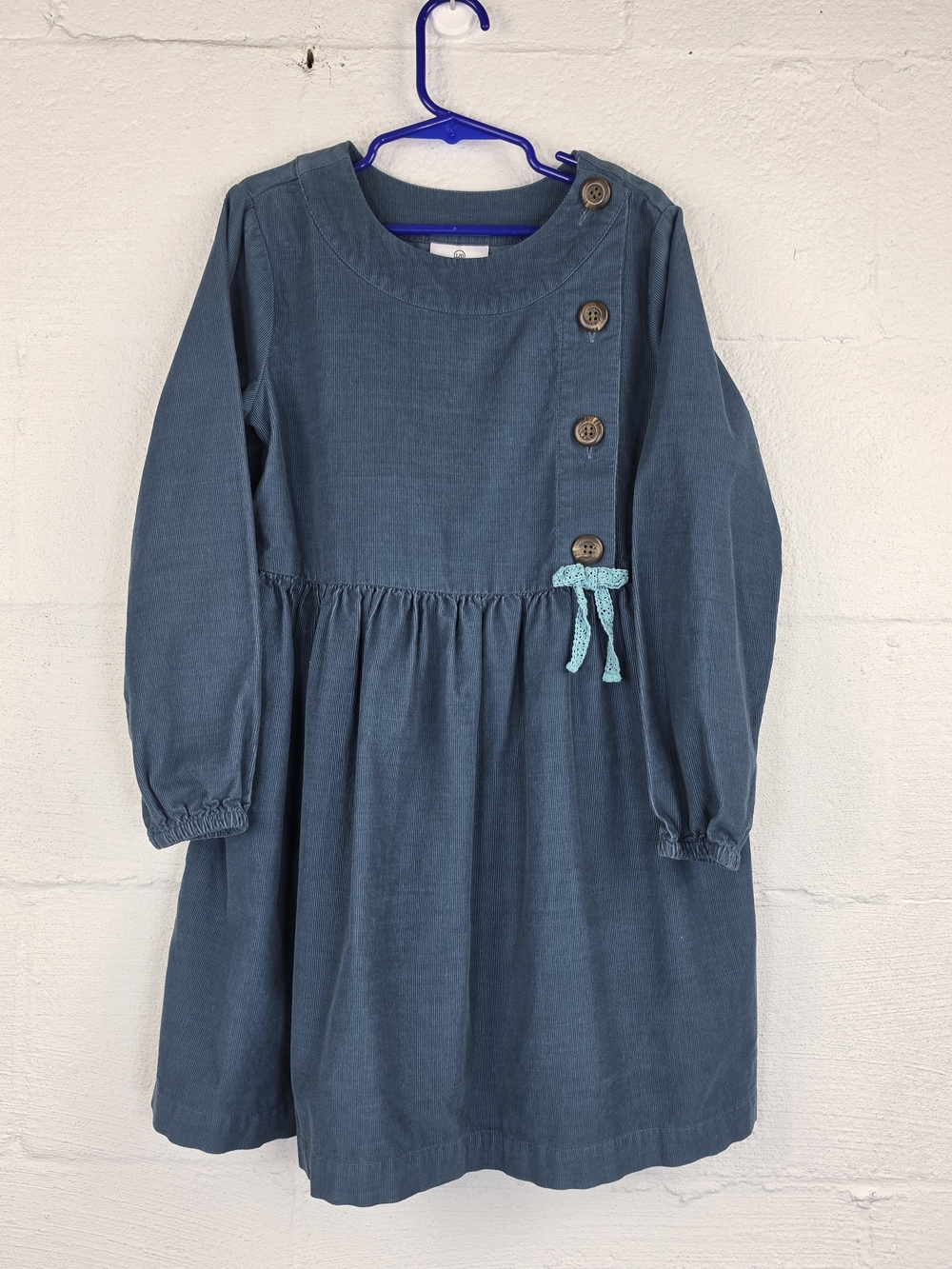 Hanna Andersson Teal Corduroy Long-Sleeve Dress with Button Detail
